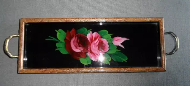 Altes Tablett Holz mit Hinterglasmalerei Rosen Länglich mit Griffen Jugendstil