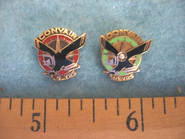 Pair Convair Aircraft Employee pins 10 year 10K gold w/ pearl, 5 year 1/10 10K.