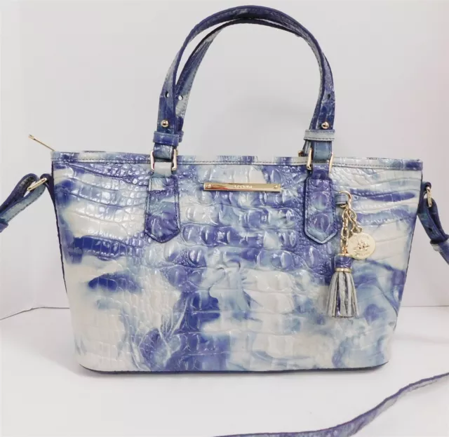 Brahmin Mini Asher Blue White Chambray Croc Print Leather Tote Crossbody Bag