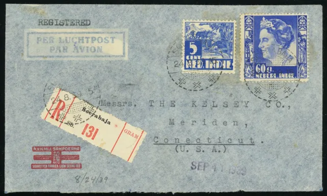 Dutch East Indies Soerabaja to USA Airmail Registered Cover 1939 via Amsterdam 2