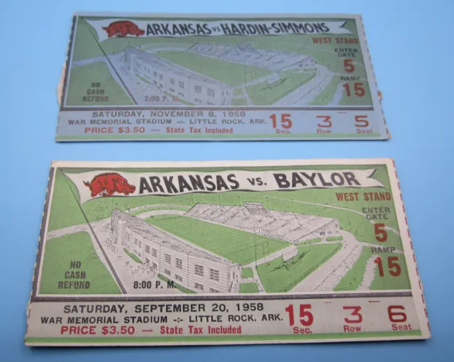 2 VTG 1958 Arkansas Razorback Football Tickets-Arkansas VS Baylor/Hardin-Simmons