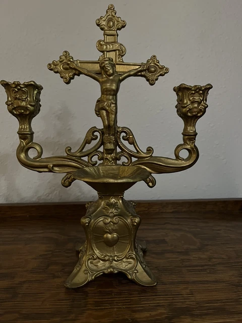 antique Metal Altar Crucifix 10”tall W Holy water & Candle Holder