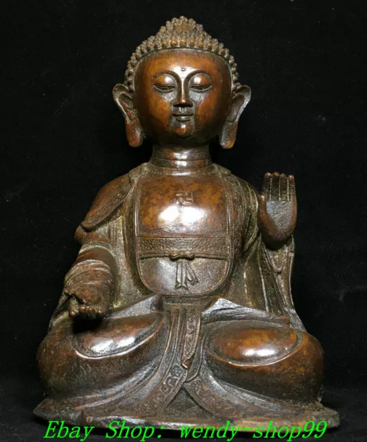 10" Old Chinese Buddhism Bronze Temple Seat Shakyamuni Amitabha Buddha 卍 Statue