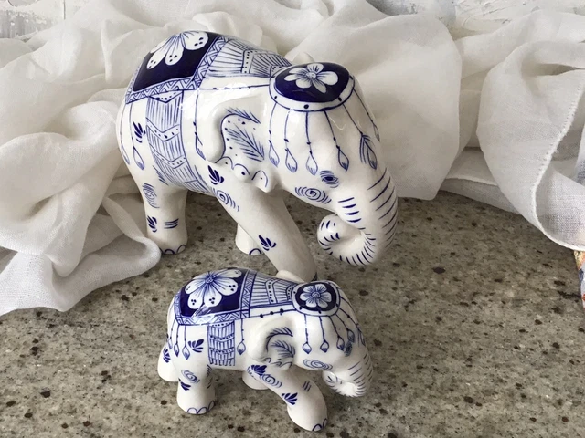 White and Blue Porcelain Elephants Figurines Hand Painted Blue Pattern