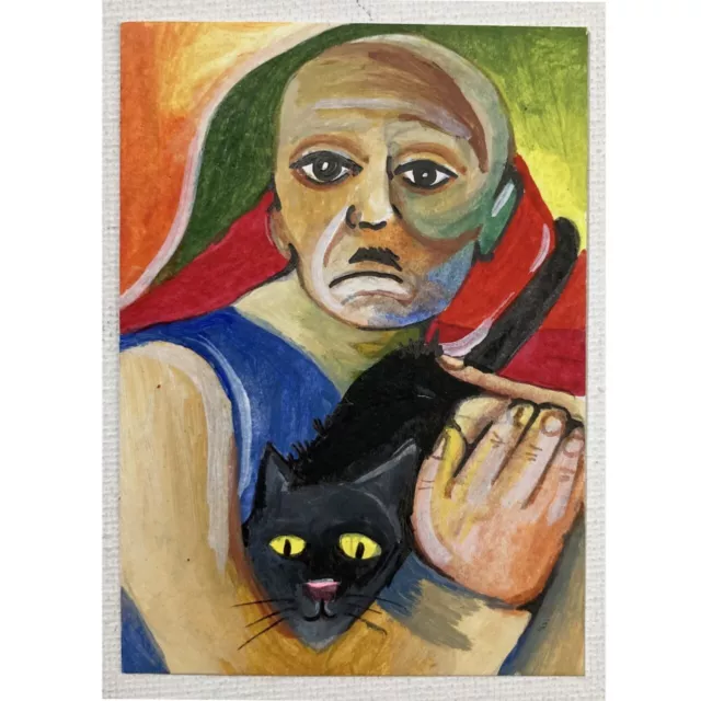 ACEO ORIGINAL PAINTING Mini Collectible Art Card People Animal Pet Man Black Cat