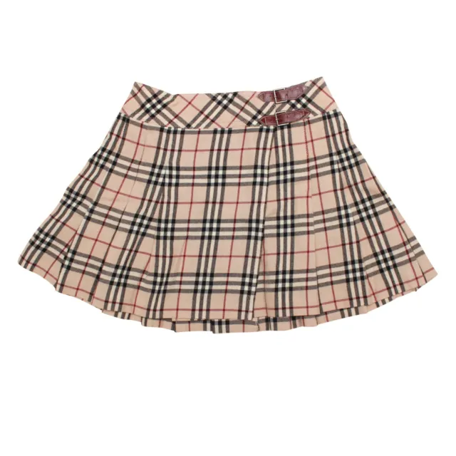 Burberry Mini Skirt Beige Check Nova Pleated Leather Buckle Size S UK 8