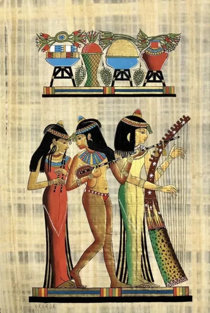 Hand Painted Ancient Egyptian Papyrus-Female musicians in Pharaonic Egypt 16x24”