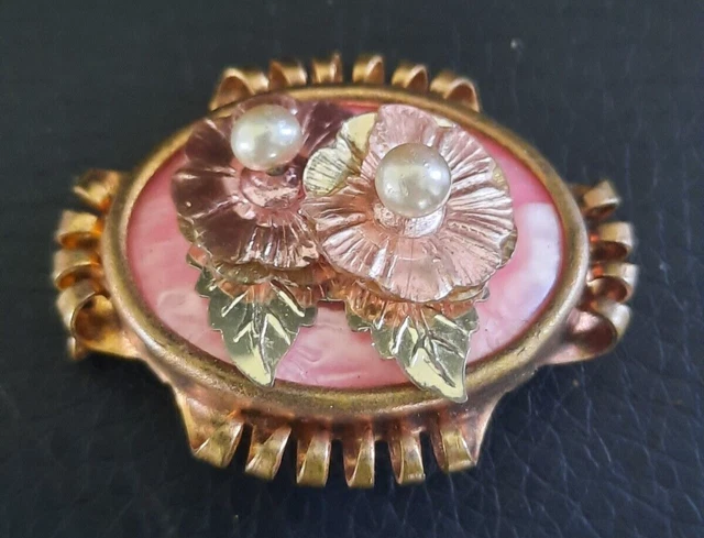 Broche Vintage Fantaisie - Fleurs Et Perle - Métal Doré - Ancienne/Occasion