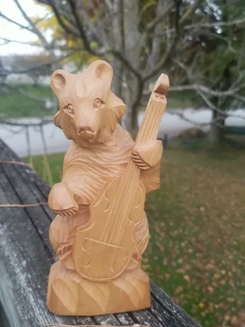 Vintage Russian Folk Art Bear Playing Instrument Hand Carved Wooden Statue 7"