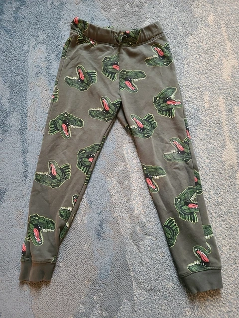 H&M Joggers Sweatpants Dino Dinosaur T Rex Green 7-8 Cotton Poly