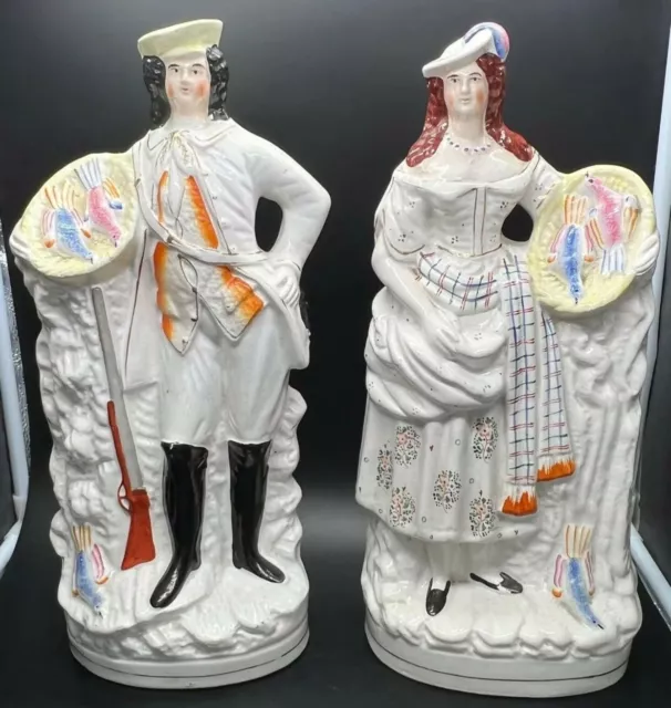 Huge Genuine Antique Staffordshire Flatback Pair Of Figures -Game Keeper & Wife