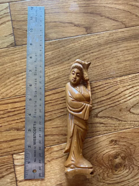 RARE  VINTAGE ASIAN 7'' FIGURINES Chinese Hand Carved Wood Statues