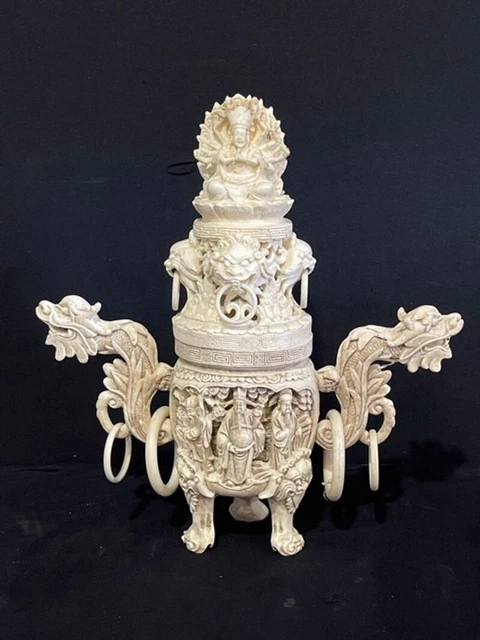 VTG Chinese Carved Resin Dragon Phoenix Statue Censor Ornate Carving Signed 16"