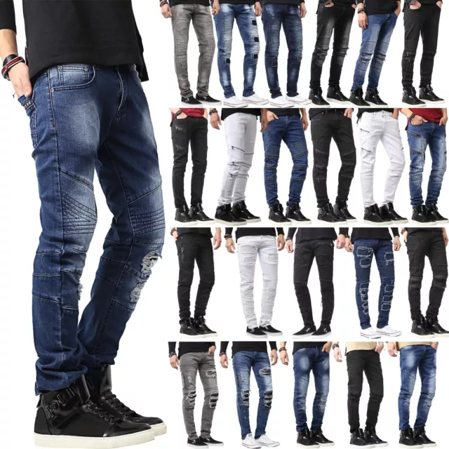 Mens Denim BIKER JEANS Stretch Fashion Pants Zipper Ripped Slim Fit Casual