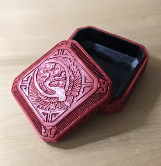 Vintage asian Cinnabar Style carved Red Lacquer heron bird  square trinket box
