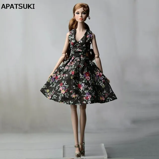 Black Flower Countryside Floral Dress For 11.5" Doll Clothes Evening Dresses 1/6