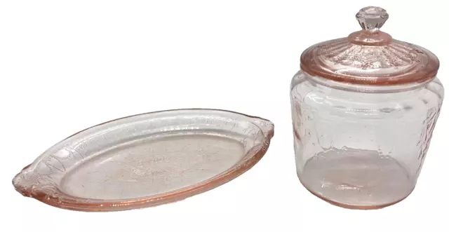 Vtg Miniatures Pink Depression Mosser Glass Jennifer Set #9 Biscuit Jar Platter