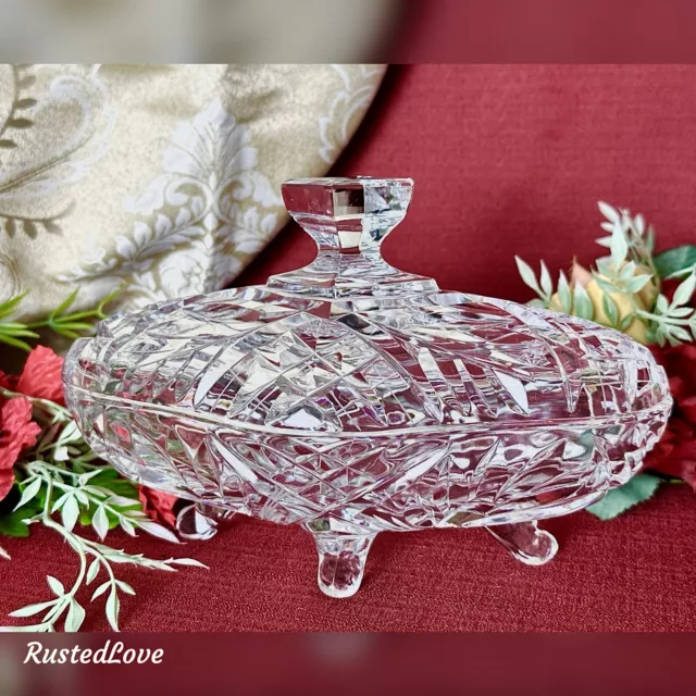 Candy Dish Lidded Bowl Footed Cut Glass Clear Trinket Dish Vintage Candy Bowl *