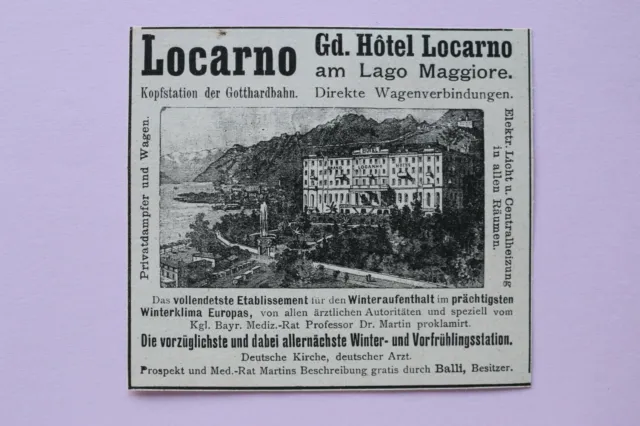Werbung Anzeige um 1900 Schweiz Grand Hotel Locarno Hausansicht See Holzschnitt