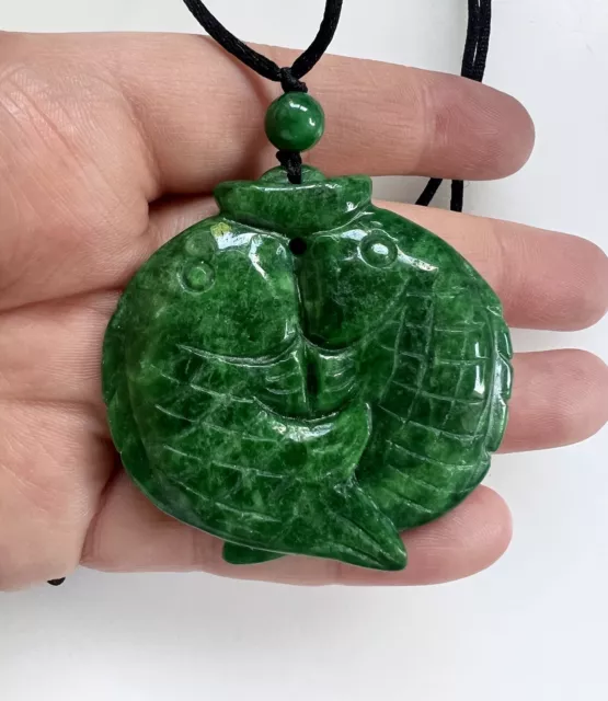 Antique Chinese Imperial Green Jade Double Fish Koi Carp Large Pendant 2" 47g
