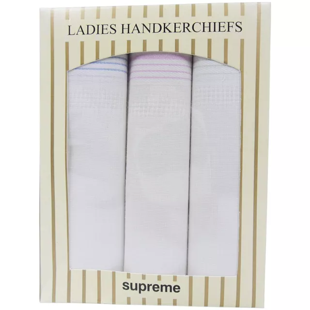 Ladies Hankies Handkerchiefs White Pastel border Cotton  3 Pack