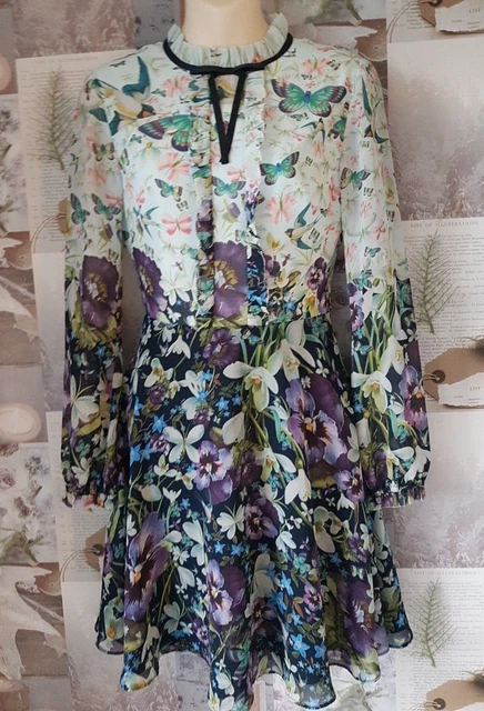 Ted Baker Meelia Blue Floral Entangled Enchantment Puff Sleeve Dress Size 0 UK 6