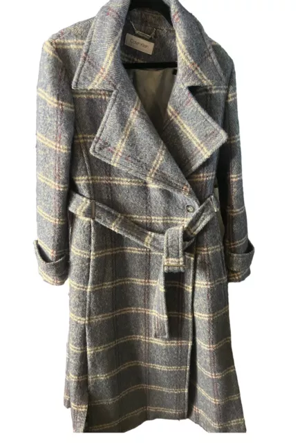 Calvin Klein Wool Blend Blue Multi Plaid Belted Coat women's SZ 8 Long Wool Coat