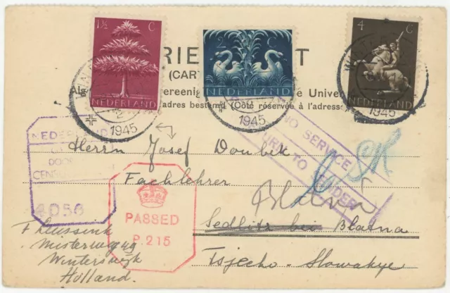 Niederlande Zensur Retour Postkarte Winterswijk Sedlitz Tschechoslowakei 1945