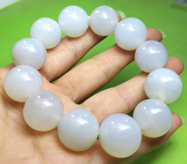 17.5MM Rare Natural Icy White Ancient Agate Jade Beads Stretchy Bracelet