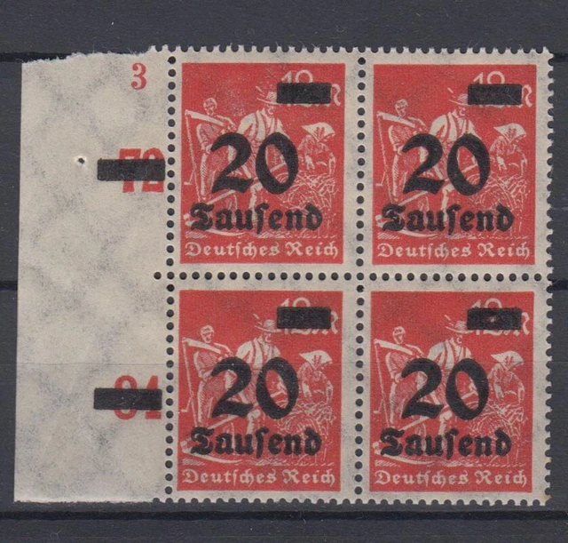 Deutsches Reich 280 mit Seitenrand 4er Block Ziffern 20 Tsd auf 12 M **