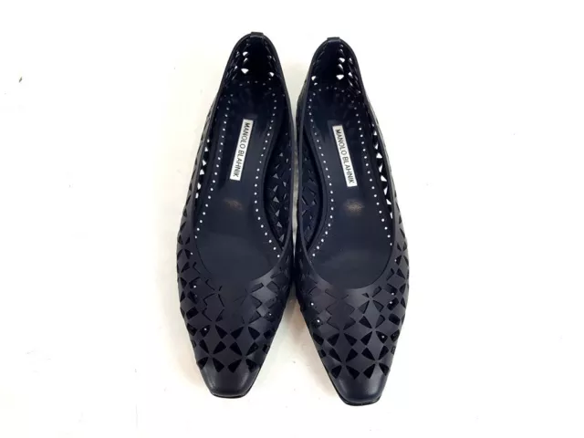 Manolo Blahnik Navy Laser Cut Leather Gelista Flats Shoes Size 40