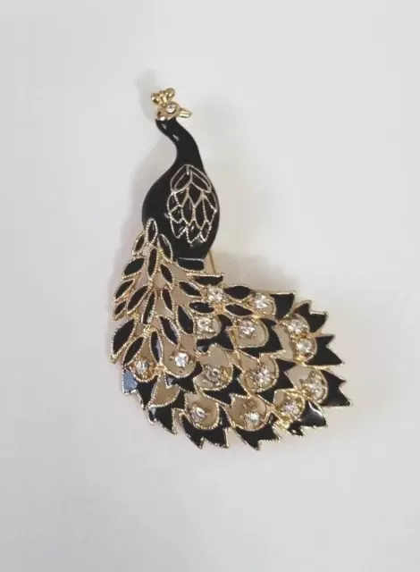 Vintage Peacock Brooch Gold Tone Black Enameled Rhinestone Ornate Lapel Pin