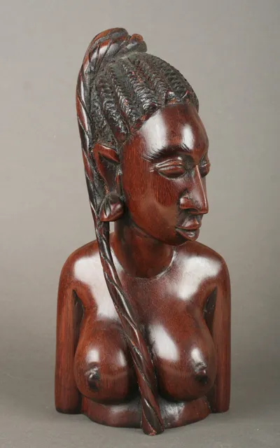 Art Africain - Elegant Buste De Femme Peulh En Bois Sculpte - Cote D'ivoire