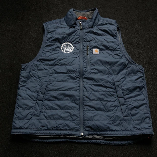 Carhartt Mens Gilliam Vest Insulated Quilted Rain Defender Blue 2XL COMPANY LOGO