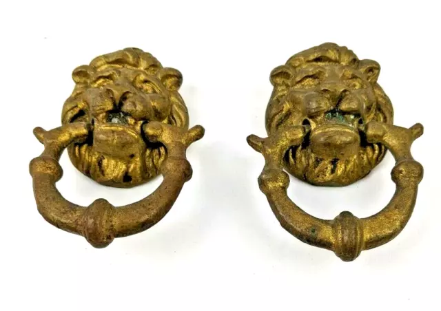 1 Pair Antique Victorian Ornate Heavy Cast Brass Lion Head Drawer Pulls Hardware