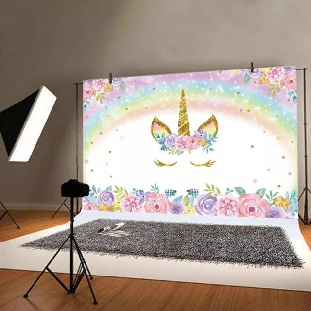 Rainbow Unicorn Birthday Backdrop Pink Floral Unicorn Backdrops 5x3ft Viny/// 2