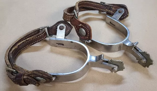 Vintage Crockett Stainless Steel Cowboy Spurs & Straps Rare Cloverleaf Rowels
