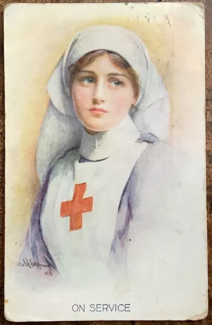 Ww1 Patriotic Artist Signed Ppc Portrait Of Red Cross Nurse “On Service” 1916