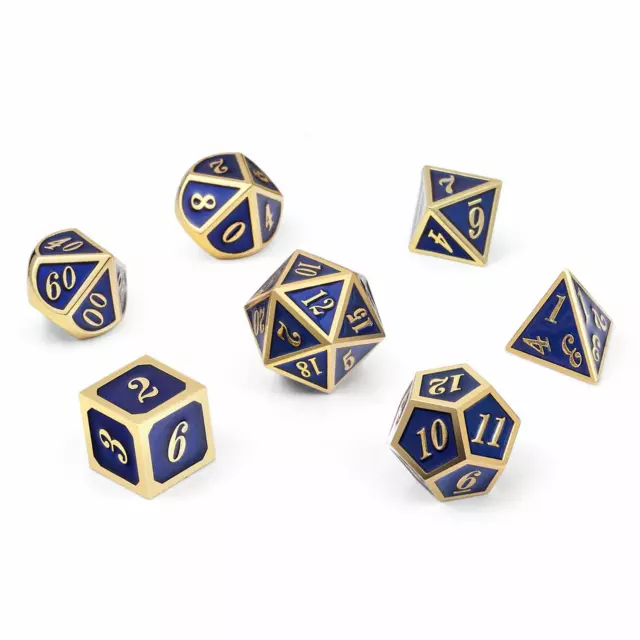 Set of 7 Metal Dice - Blue and Gold - Includes D4, D6, D8, D10, D12, D20 and D% 3