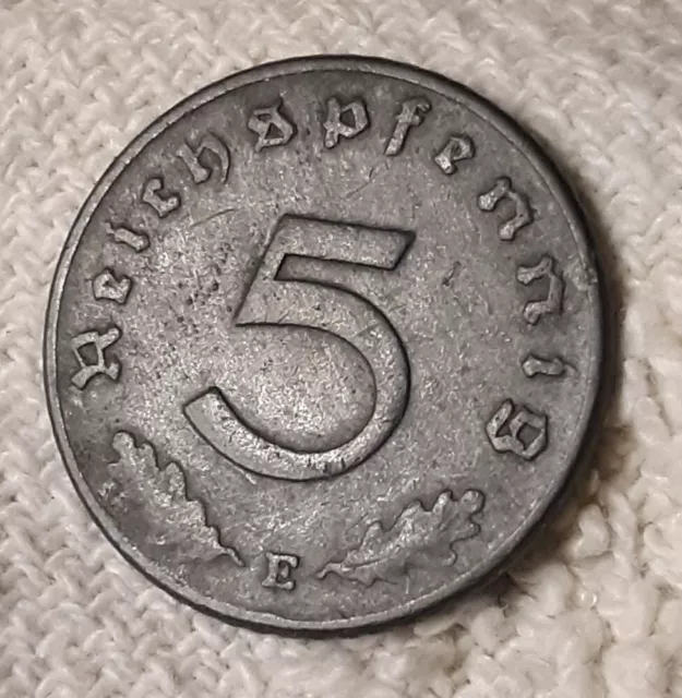 Vintage 1940 E  WW2 German 5 Reichspfennig , Dark WWII Era Circulated Coin