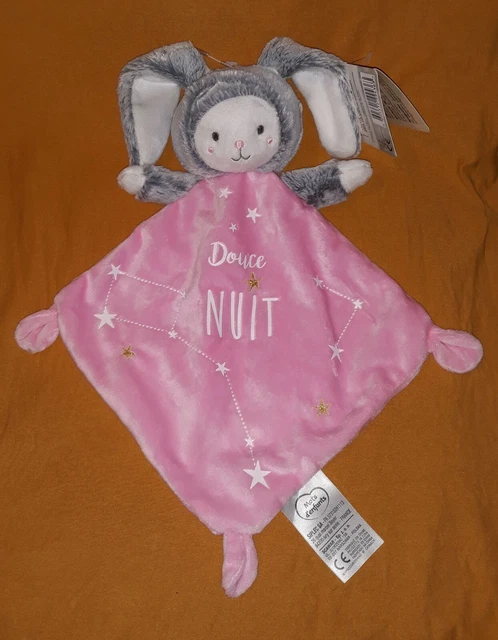 Doudou MOTS D'ENFANTS Ours Déguisé en Lapin Rose Blanc Gris Douce Nuit NEUF