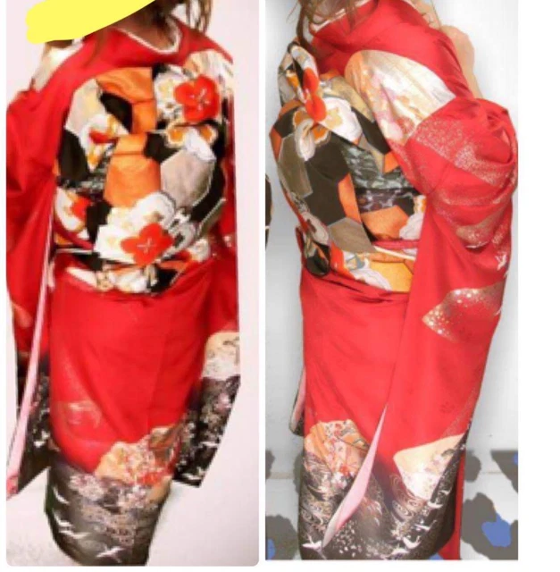 Japanese Kimono furisode Red Black Gold Butterfly