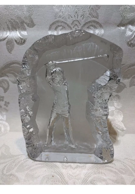Vintage Nybro Sweden 1985 Art Glass Crystal Paperweight Sculpture Man Golfing