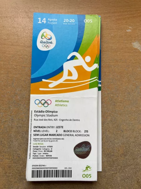 TICKET 2016 Rio Olympics Athletics Aug 14th O05 100m Final USAIN BOLT Gold