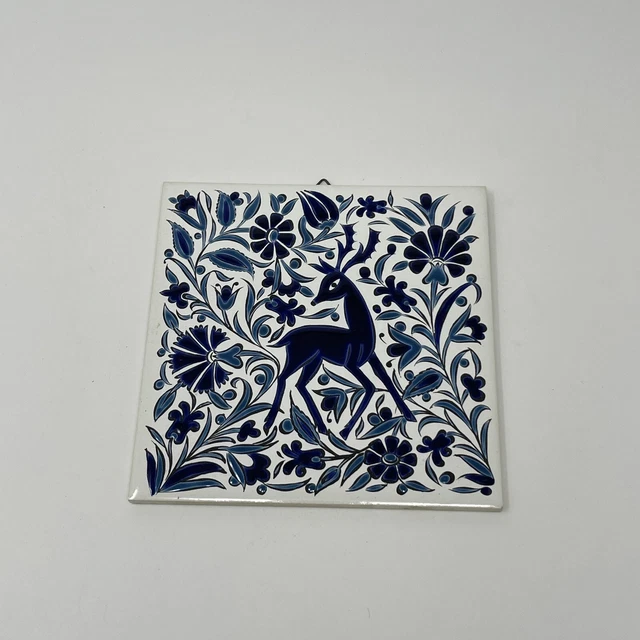 Hand Made in Greece, Nassos Keramik Blue Deer Wall Tile Ceramic Trivet