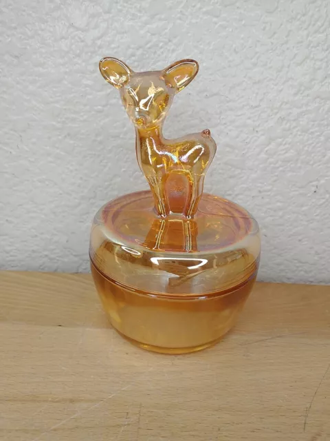 Vintage Jeanette Marigold Carnival Glass Powder Trinket  Dish with Fawn Deer