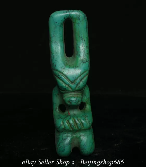 6" Old Chinese Hongshan Culture Turquoise Carved Cattle Head Sun God Statue