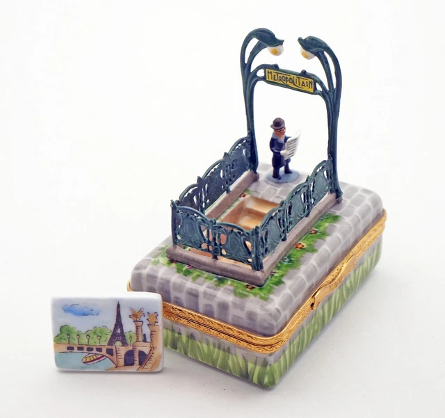 New French Limoges Trinket Box Man &Newspaper at Paris Metro Art Nouveau Station