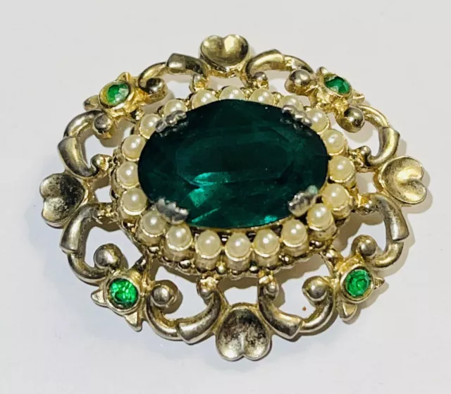 Vtg Coro Signed Green Crystals Goldtone Renaissance Baroque Style  Brooch 2”