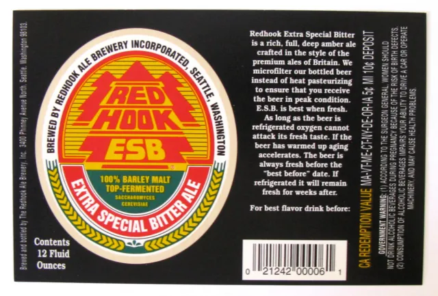 Redhook Ale Brwy REDHOOK ESB -EXTRA SPECIAL BITTER ALE label WA 12oz  Var. #8